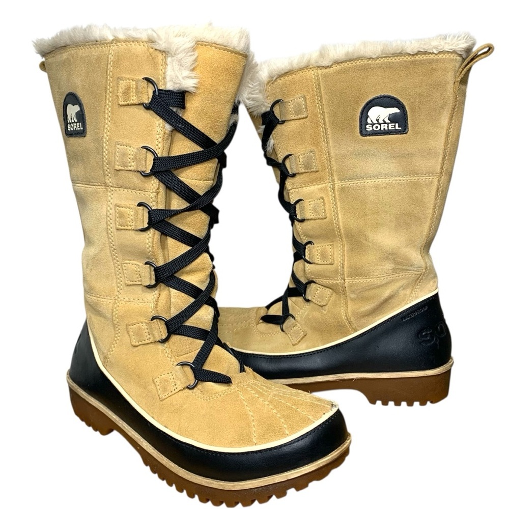 Sorel Tivoli High II Winter Boots Waterproof Suede Tan Black Faux Fur Fleece 8